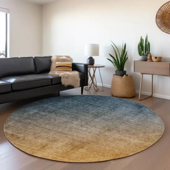 8' Navy Blue And Orange Ombre Washable Round Rug With UV Protection Photo 4