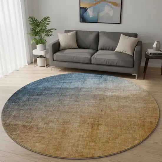 8' Navy Blue And Orange Ombre Washable Round Rug With UV Protection Photo 2