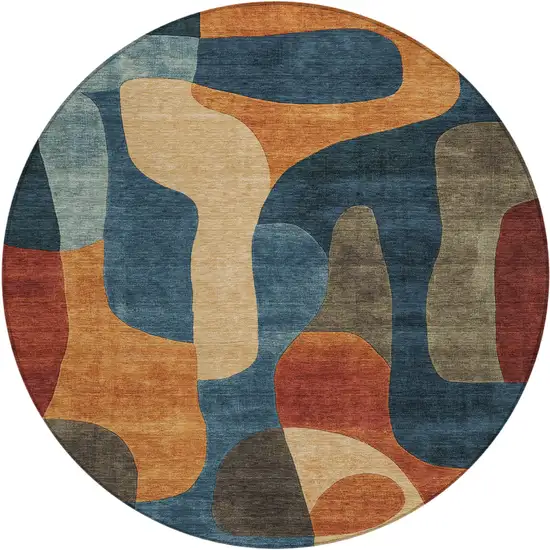 8' Navy Blue And Orange Round Abstract Washable Indoor Outdoor Area Rug Photo 1
