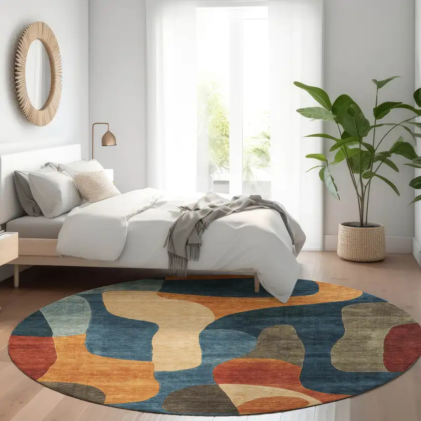 8' Navy Blue And Orange Round Abstract Washable Indoor Outdoor Area Rug Photo 6