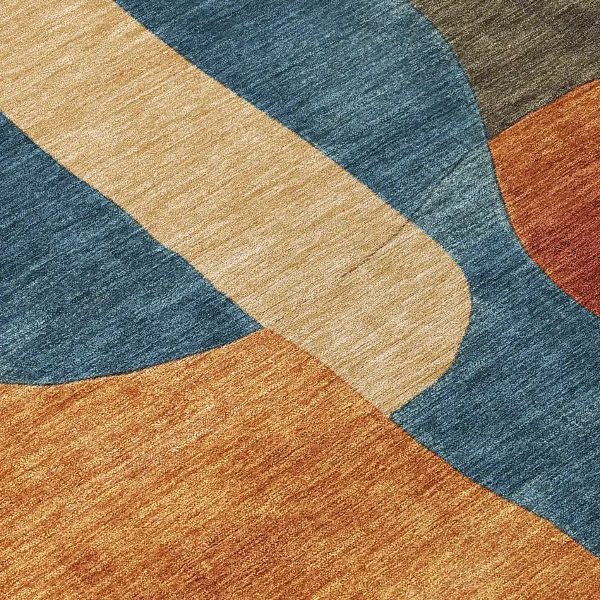 8' Navy Blue And Orange Round Abstract Washable Indoor Outdoor Area Rug Photo 9