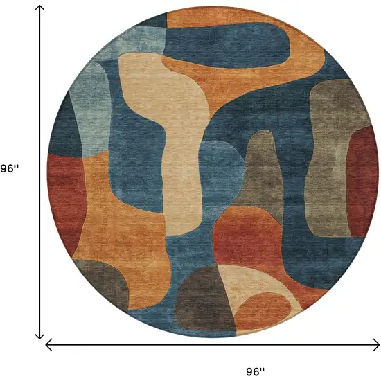 8' Navy Blue And Orange Round Abstract Washable Indoor Outdoor Area Rug Photo 8