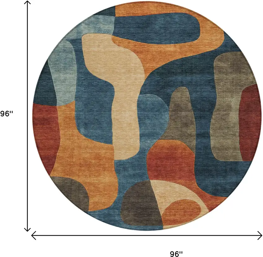 8' Navy Blue And Orange Round Abstract Washable Indoor Outdoor Area Rug Photo 8