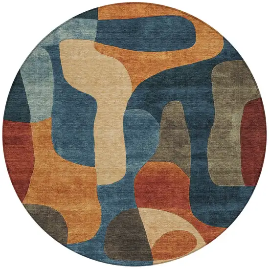 8' Navy Blue And Orange Round Abstract Washable Indoor Outdoor Area Rug Photo 2