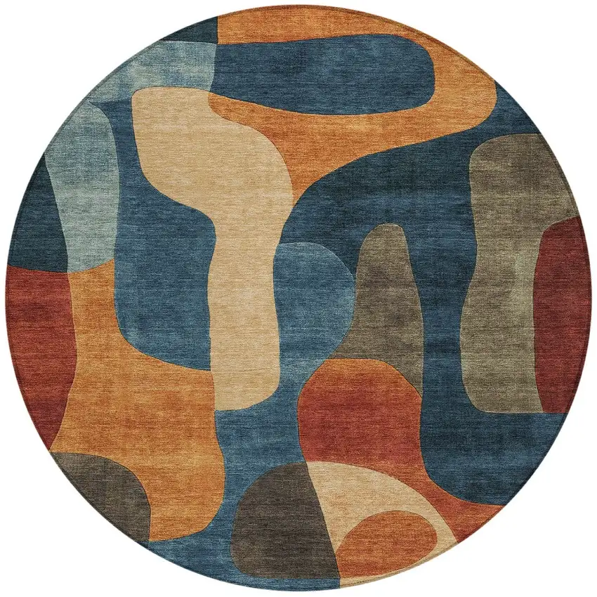 8' Navy Blue And Orange Round Abstract Washable Indoor Outdoor Area Rug Photo 2