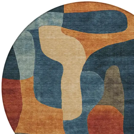8' Navy Blue And Orange Round Abstract Washable Indoor Outdoor Area Rug Photo 8
