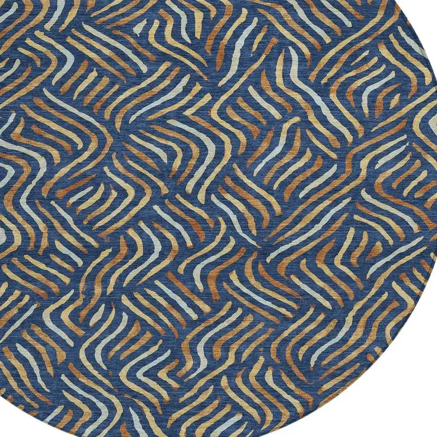 8' Navy Blue And Orange Round Abstract Washable Indoor Outdoor Area Rug Photo 2