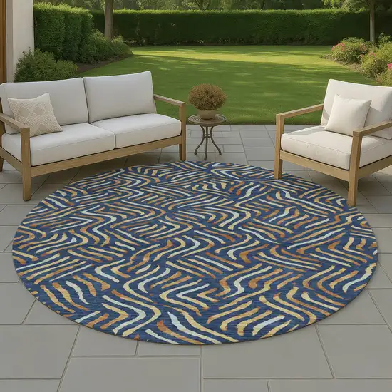 8' Navy Blue And Orange Round Abstract Washable Indoor Outdoor Area Rug Photo 4