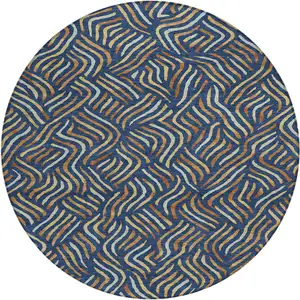 Photo of 8' Navy Blue And Orange Round Abstract Washable Indoor Outdoor Area Rug