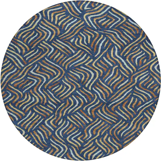 8' Navy Blue And Orange Round Abstract Washable Indoor Outdoor Area Rug Photo 1