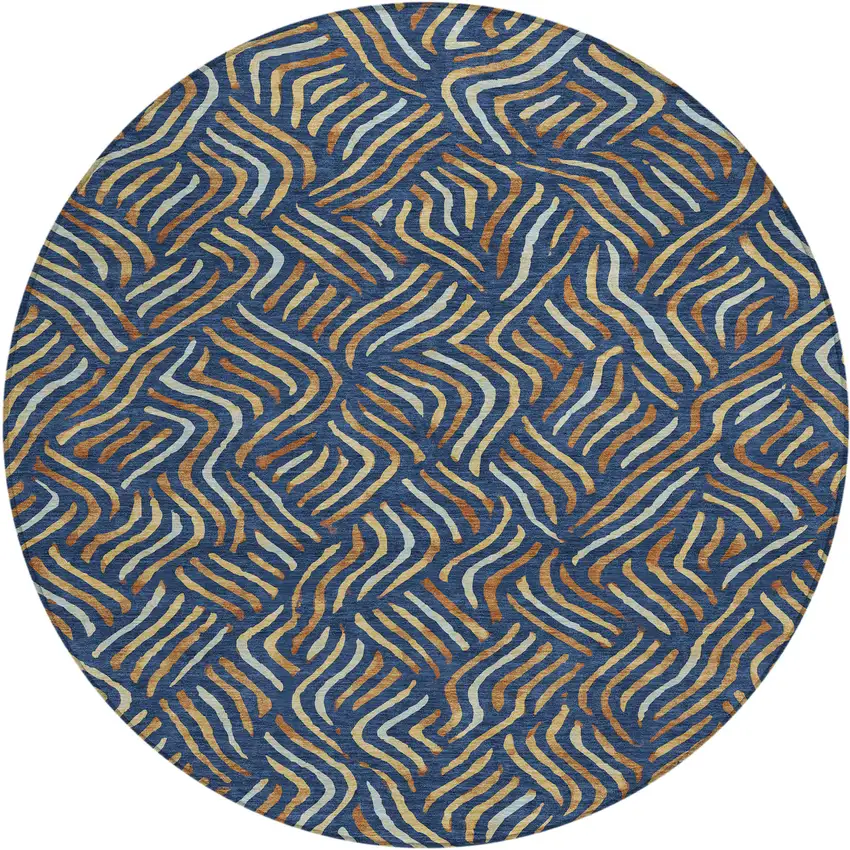 8' Navy Blue And Orange Round Abstract Washable Indoor Outdoor Area Rug Photo 1