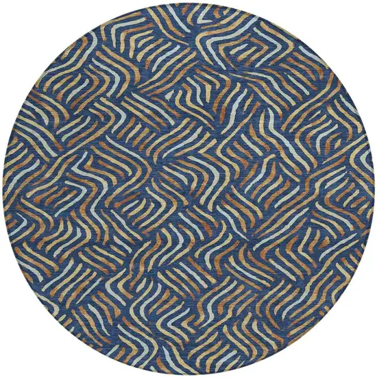 8' Navy Blue And Orange Round Abstract Washable Indoor Outdoor Area Rug Photo 3