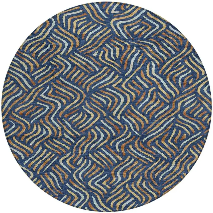 8' Navy Blue And Orange Round Abstract Washable Indoor Outdoor Area Rug Photo 3