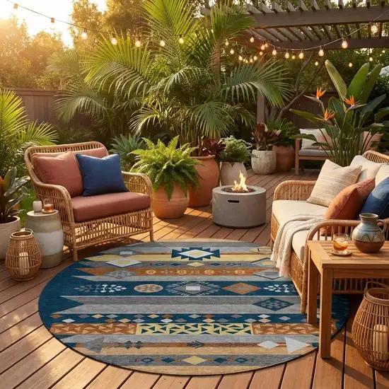8' Navy Blue And Orange Round Geometric Washable Indoor Outdoor Area Rug Photo 1