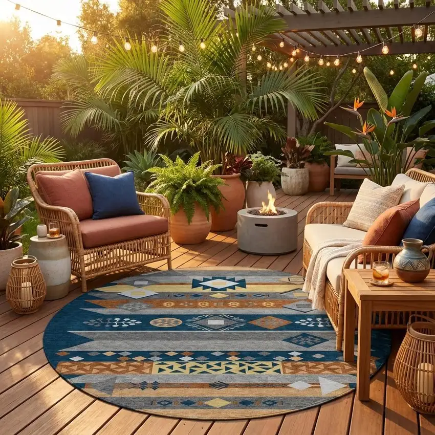 8' Navy Blue And Orange Round Geometric Washable Indoor Outdoor Area Rug Photo 1