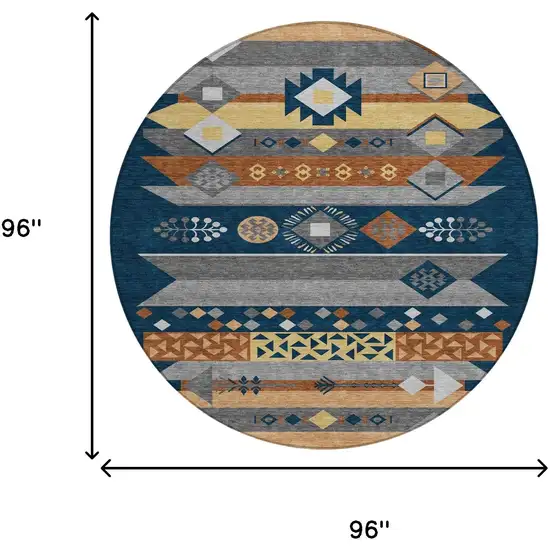 8' Navy Blue And Orange Round Geometric Washable Indoor Outdoor Area Rug Photo 7
