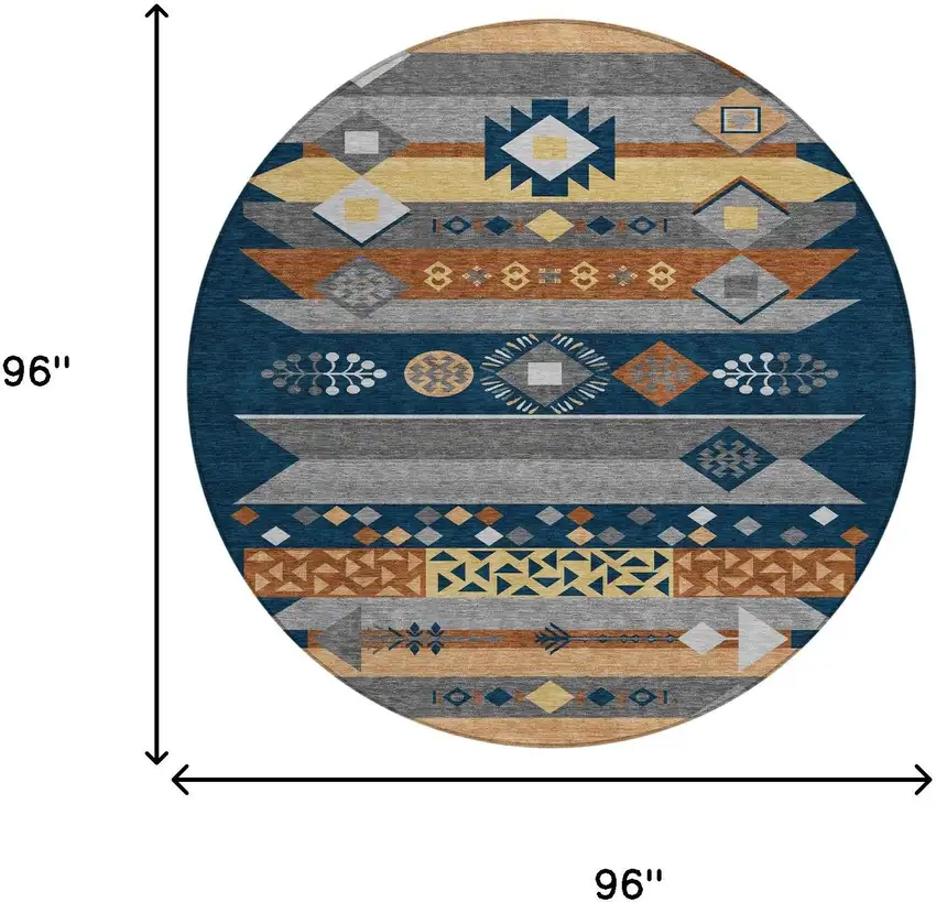 8' Navy Blue And Orange Round Geometric Washable Indoor Outdoor Area Rug Photo 7