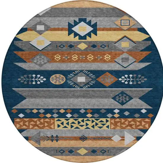 8' Navy Blue And Orange Round Geometric Washable Indoor Outdoor Area Rug Photo 4