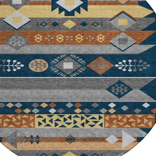 8' Navy Blue And Orange Round Geometric Washable Indoor Outdoor Area Rug Photo 3