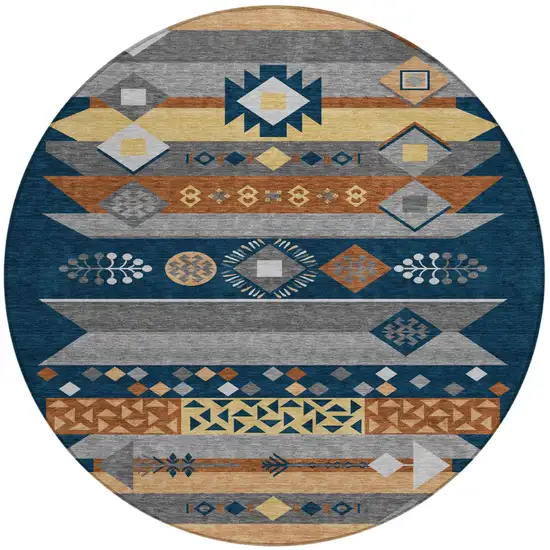 8' Navy Blue And Orange Round Geometric Washable Indoor Outdoor Area Rug Photo 2