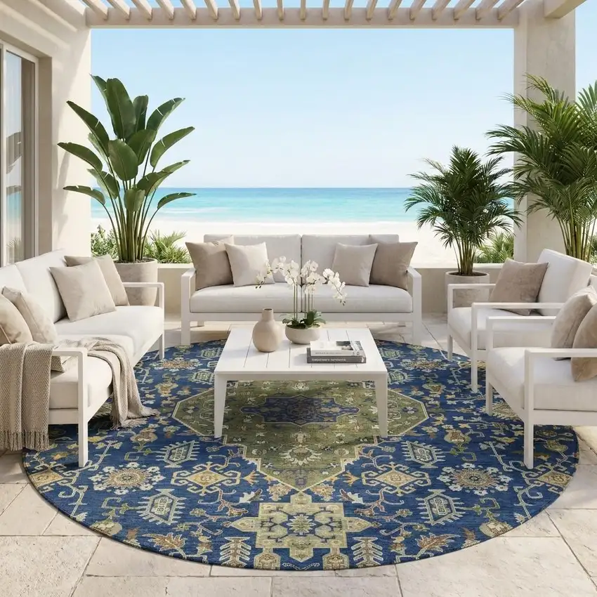8' Navy Blue And Pewter Round Medallion Washable Indoor Outdoor Area Rug Photo 1