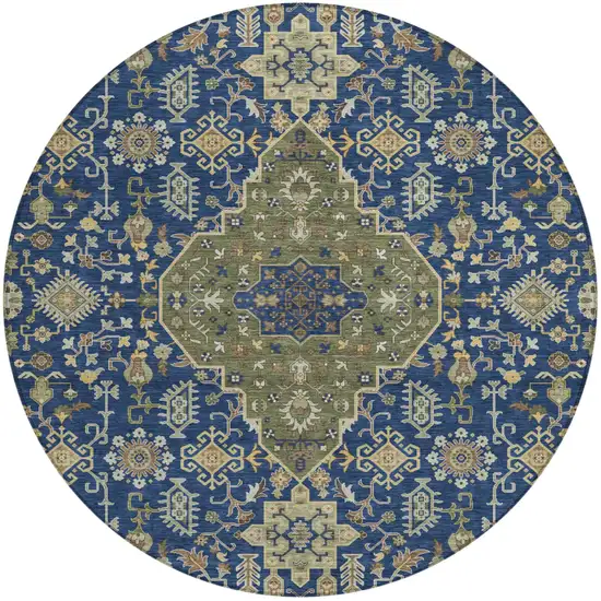 8' Navy Blue And Pewter Round Medallion Washable Indoor Outdoor Area Rug Photo 2