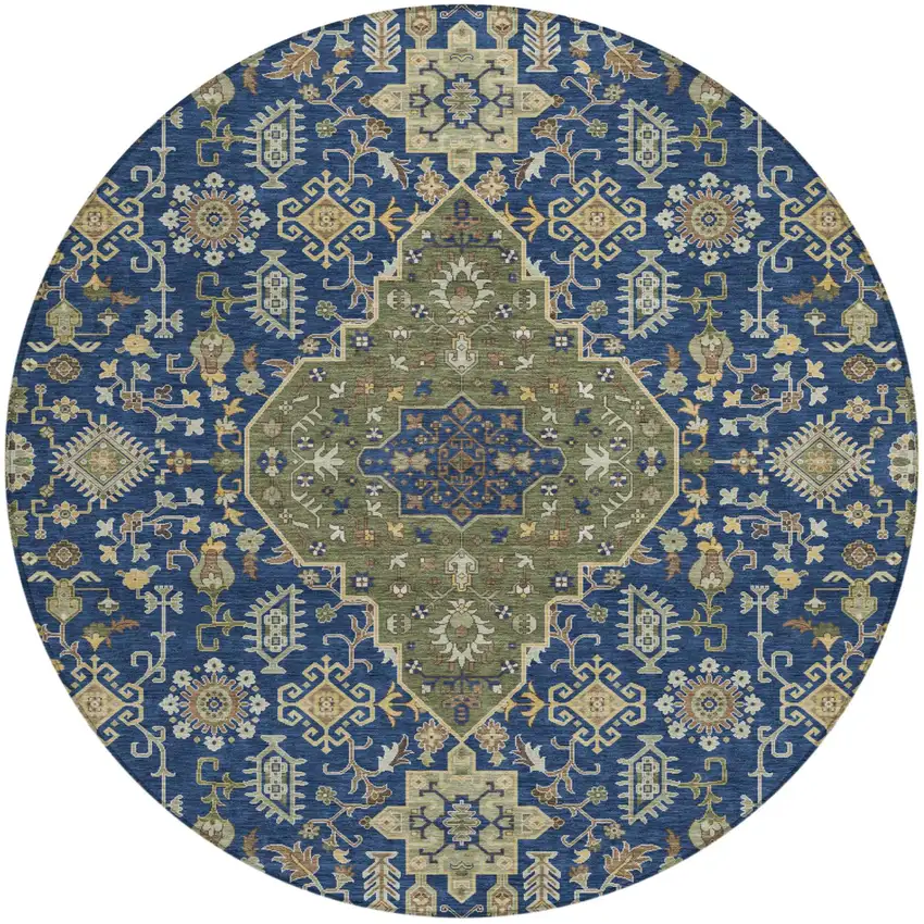 8' Navy Blue And Pewter Round Medallion Washable Indoor Outdoor Area Rug Photo 2