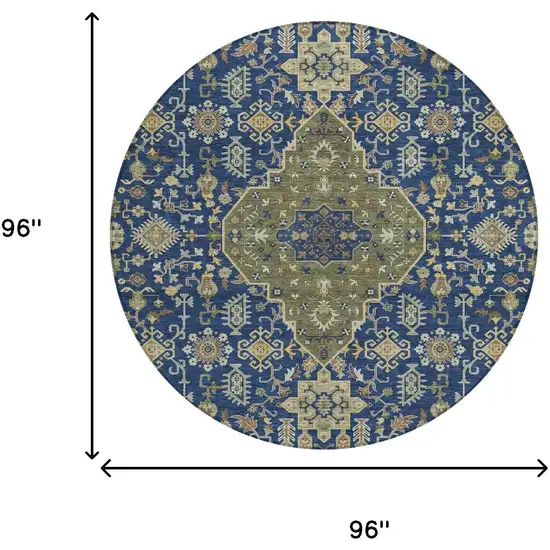 8' Navy Blue And Pewter Round Medallion Washable Indoor Outdoor Area Rug Photo 6