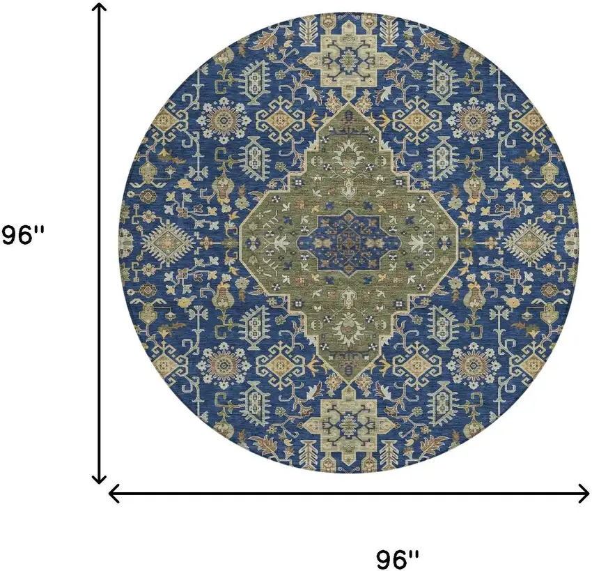 8' Navy Blue And Pewter Round Medallion Washable Indoor Outdoor Area Rug Photo 6