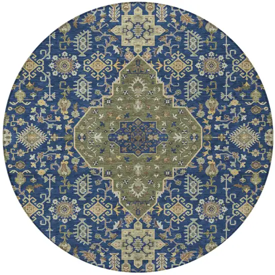8' Navy Blue And Pewter Round Medallion Washable Indoor Outdoor Area Rug Photo 3