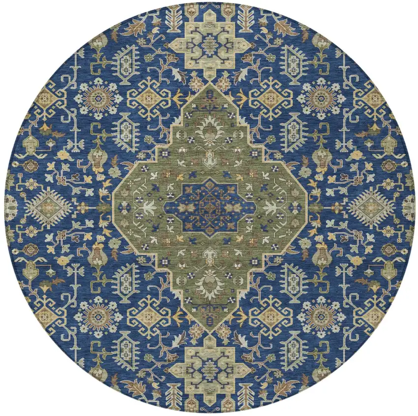 8' Navy Blue And Pewter Round Medallion Washable Indoor Outdoor Area Rug Photo 3