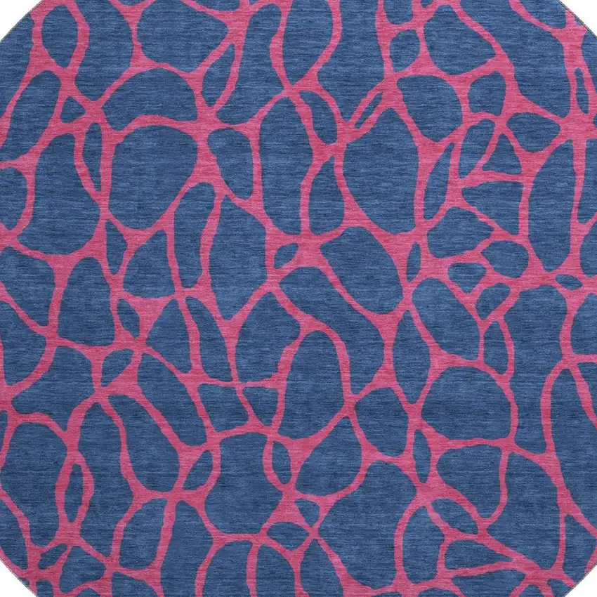 8' Navy Blue And Pink Geometric Washable Round Rug With UV Protection Photo 2
