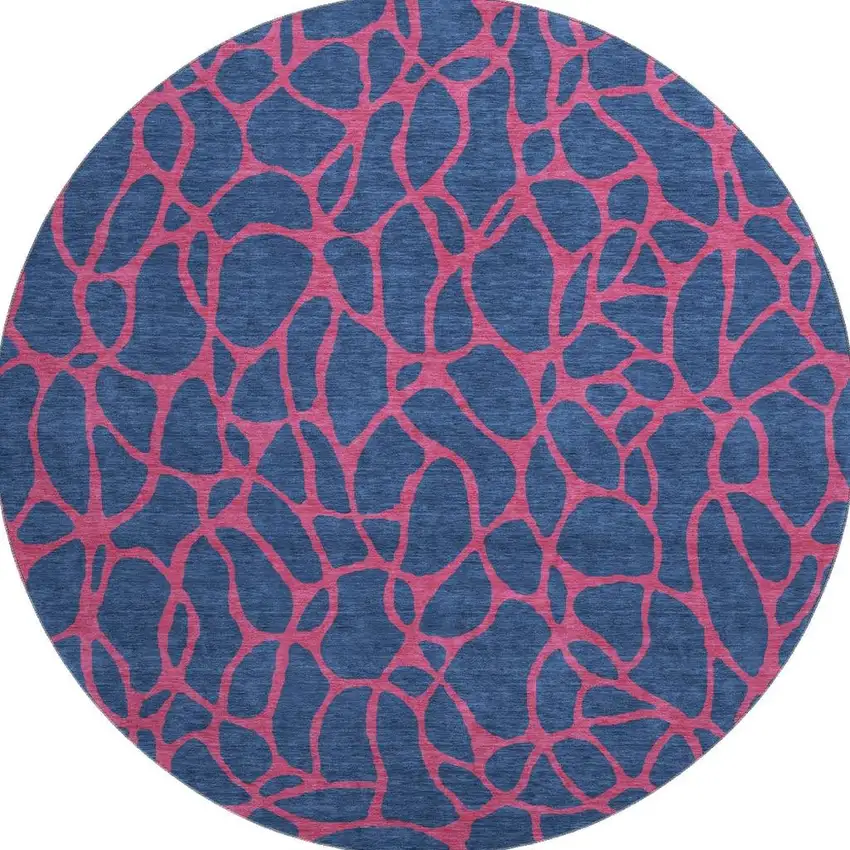 8' Navy Blue And Pink Geometric Washable Round Rug With UV Protection Photo 3