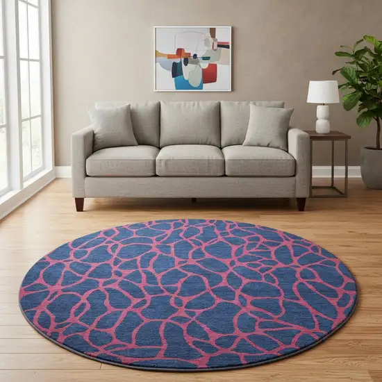 8' Navy Blue And Pink Geometric Washable Round Rug With UV Protection Photo 2
