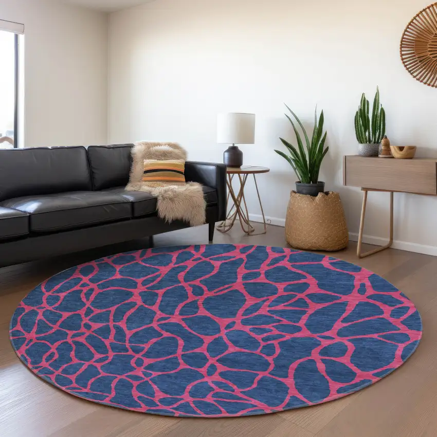 8' Navy Blue And Pink Geometric Washable Round Rug With UV Protection Photo 4