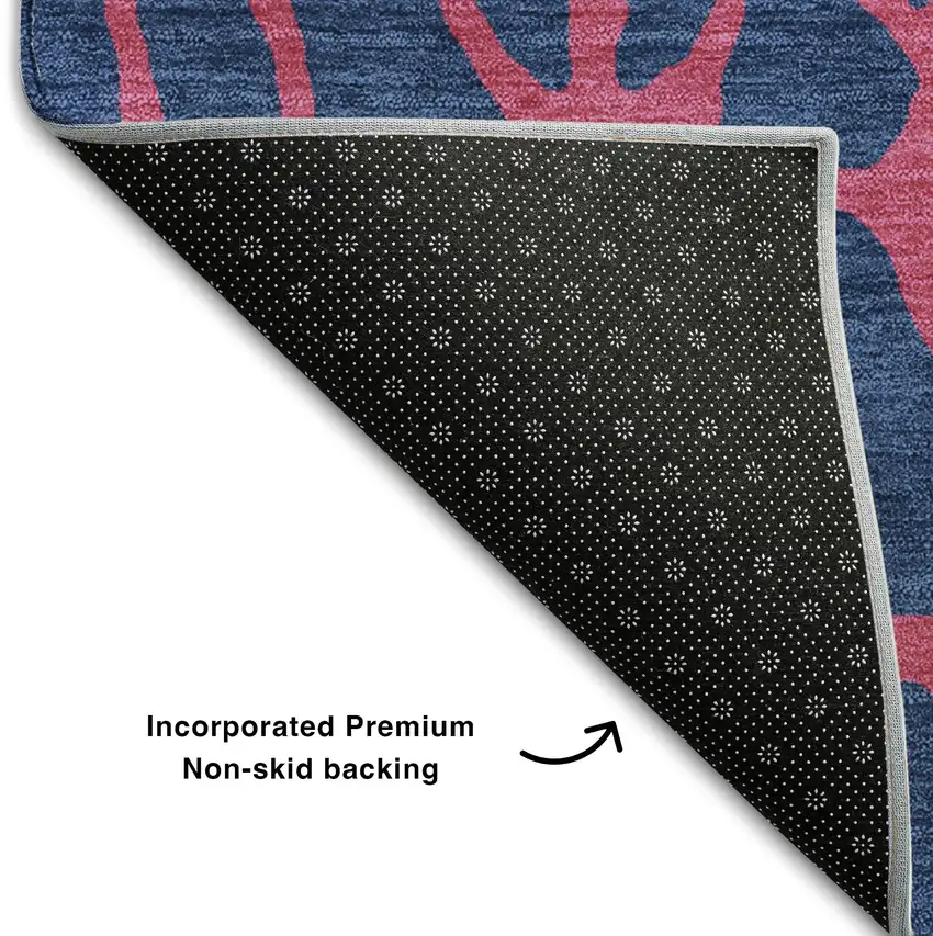 8' Navy Blue And Pink Geometric Washable Round Rug With UV Protection Photo 5