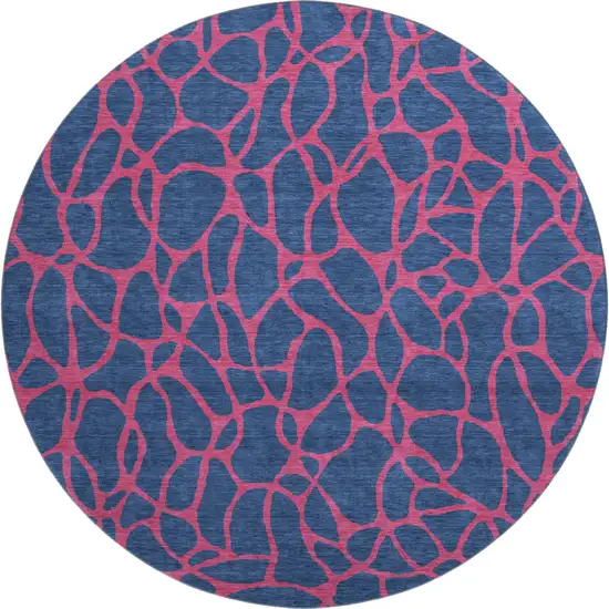 8' Navy Blue And Pink Geometric Washable Round Rug With UV Protection Photo 1