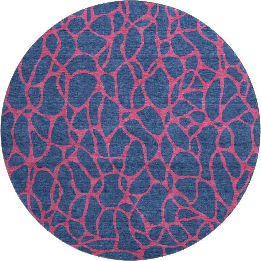 8' Navy Blue And Pink Geometric Washable Round Rug With UV Protection Photo 1