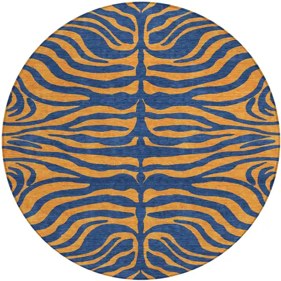 8' Navy Blue And Pink Round Animal Print Washable Indoor Outdoor Area Rug Photo 2