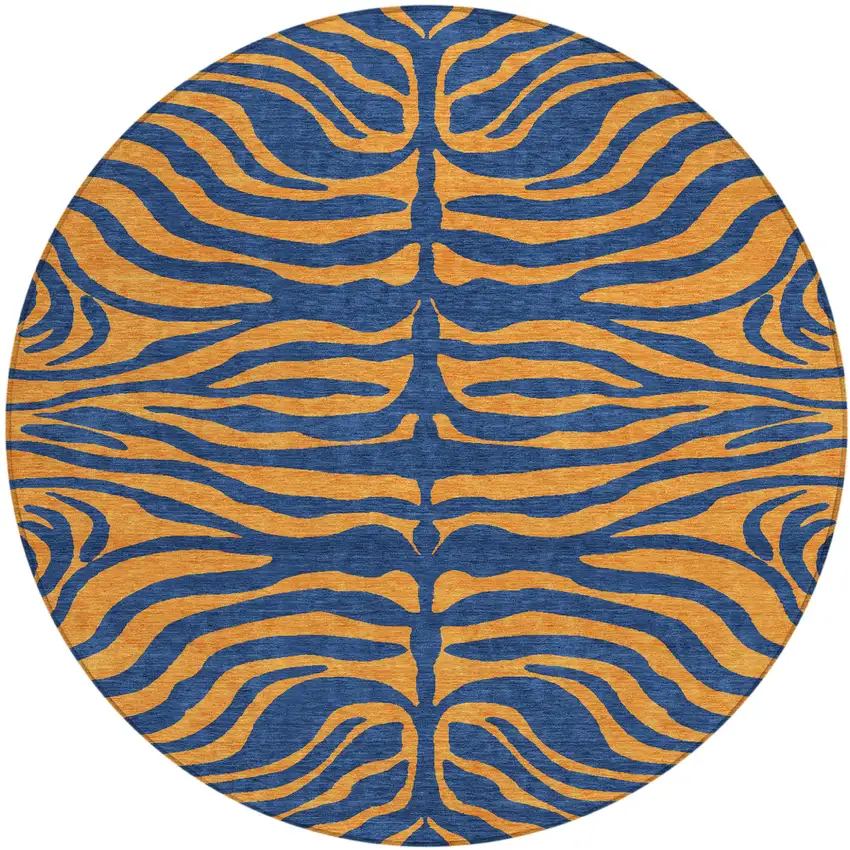 8' Navy Blue And Pink Round Animal Print Washable Indoor Outdoor Area Rug Photo 2