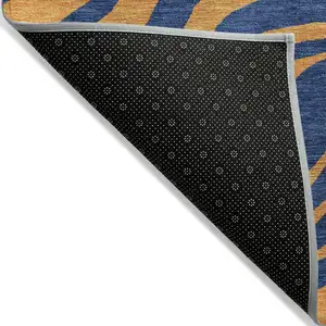 Photo of 8' Navy Blue And Pink Round Animal Print Washable Indoor Outdoor Area Rug