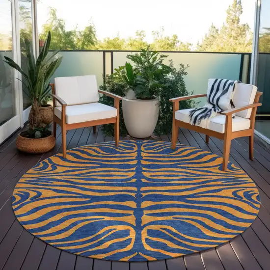 8' Navy Blue And Pink Round Animal Print Washable Indoor Outdoor Area Rug Photo 7