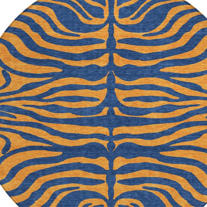 8' Navy Blue And Pink Round Animal Print Washable Indoor Outdoor Area Rug Photo 5