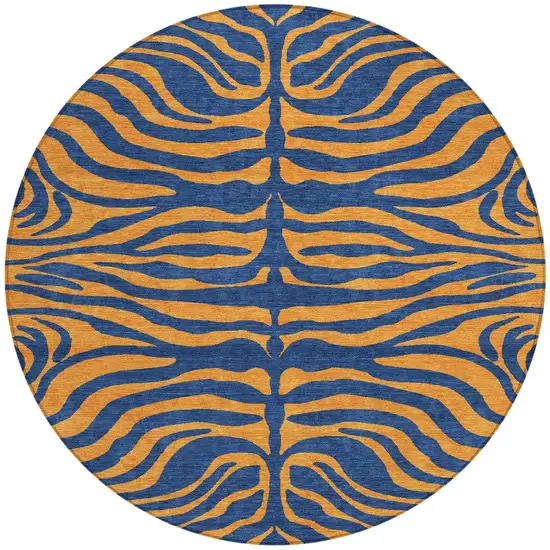 8' Navy Blue And Pink Round Animal Print Washable Indoor Outdoor Area Rug Photo 6
