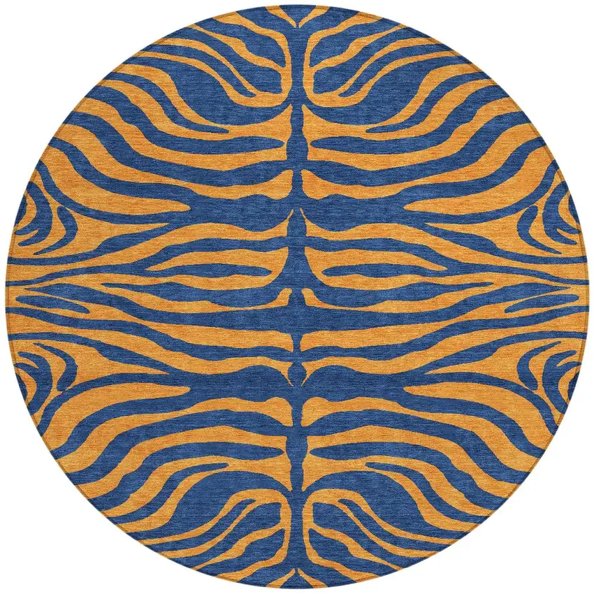 8' Navy Blue And Pink Round Animal Print Washable Indoor Outdoor Area Rug Photo 6