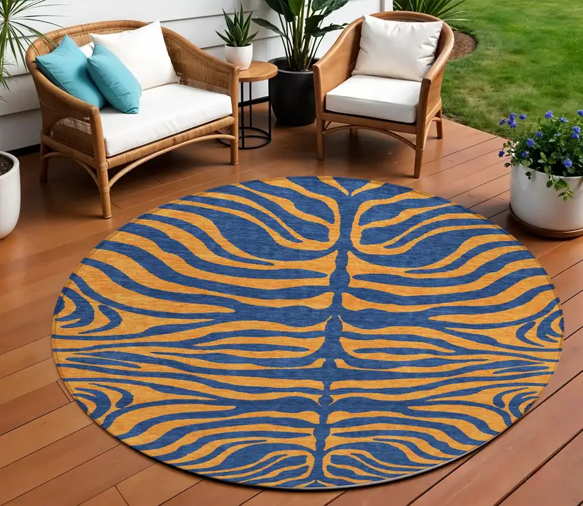 8' Navy Blue And Pink Round Animal Print Washable Indoor Outdoor Area Rug Photo 1