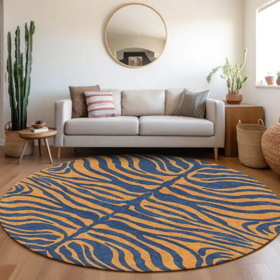 8' Navy Blue And Pink Round Animal Print Washable Indoor Outdoor Area Rug Photo 8