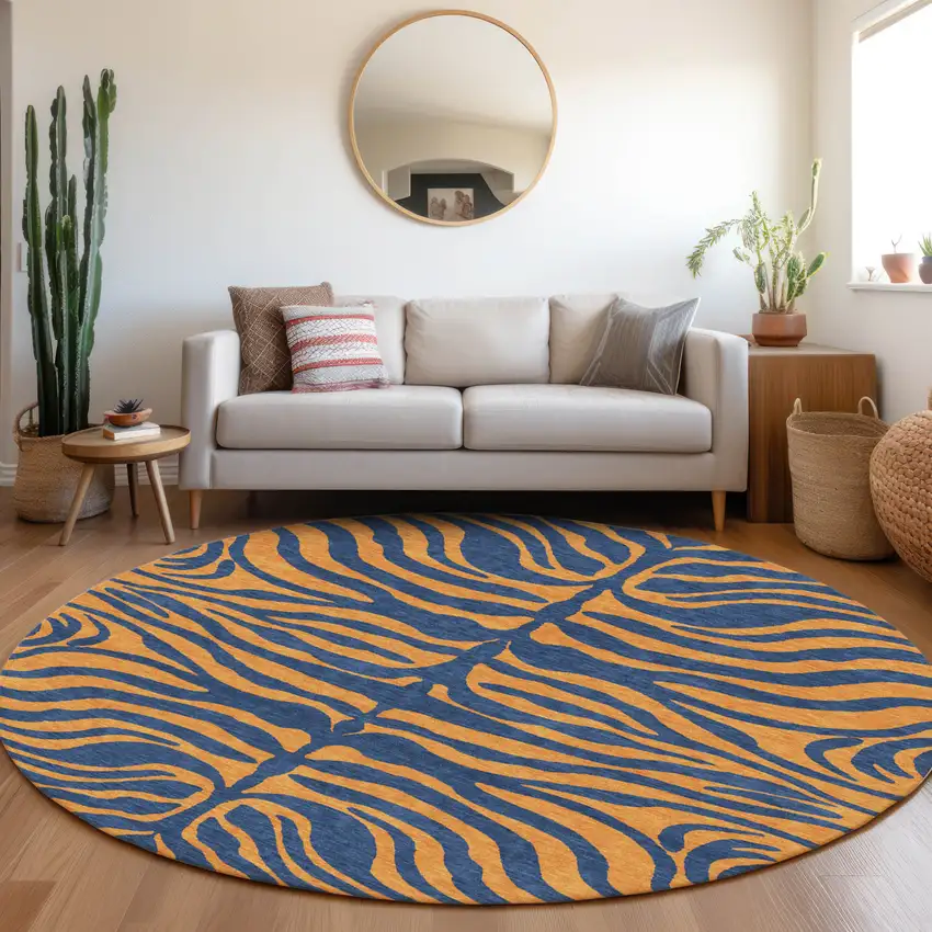 8' Navy Blue And Pink Round Animal Print Washable Indoor Outdoor Area Rug Photo 8