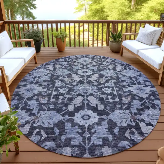 8' Navy Blue And Plum Round Floral Washable Indoor Outdoor Area Rug Photo 4