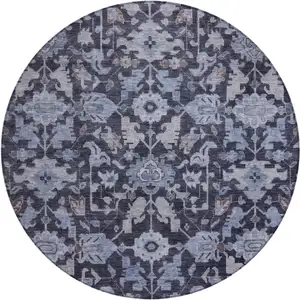 Photo of 8' Navy Blue And Plum Round Floral Washable Indoor Outdoor Area Rug